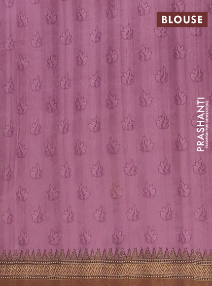Semi raw silk saree pastel pink and coffee brown with mirror embroidery buttas and long kalamkari printed embroidery border