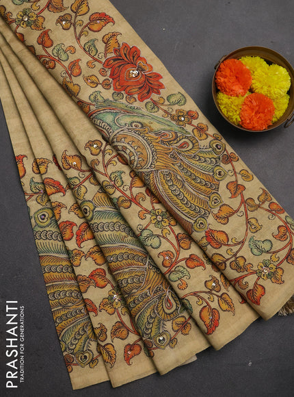 Semi raw silk saree sandal with plain body and long kalamkari printed embroidery border