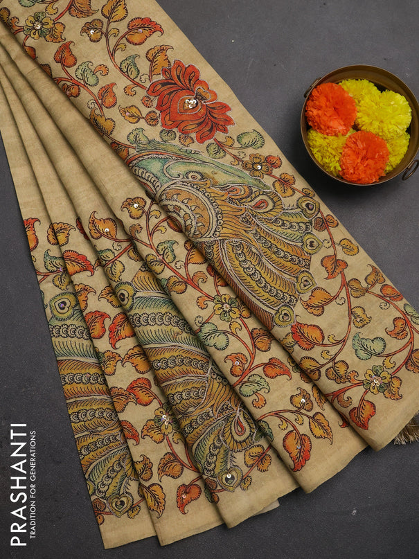 Semi raw silk saree sandal with plain body and long kalamkari printed embroidery border