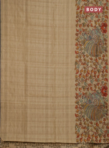 Semi raw silk saree sandal with plain body and long kalamkari printed embroidery border