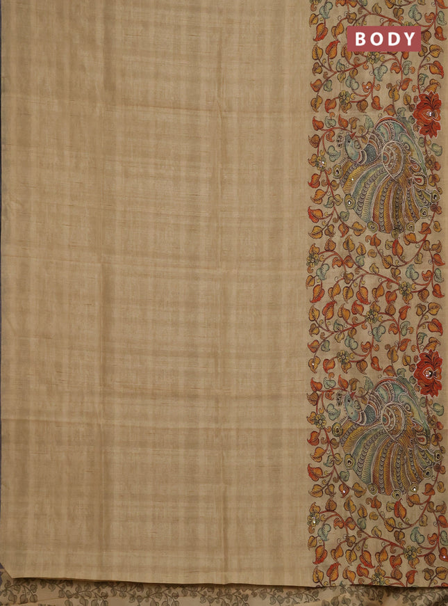 Semi raw silk saree sandal with plain body and long kalamkari printed embroidery border