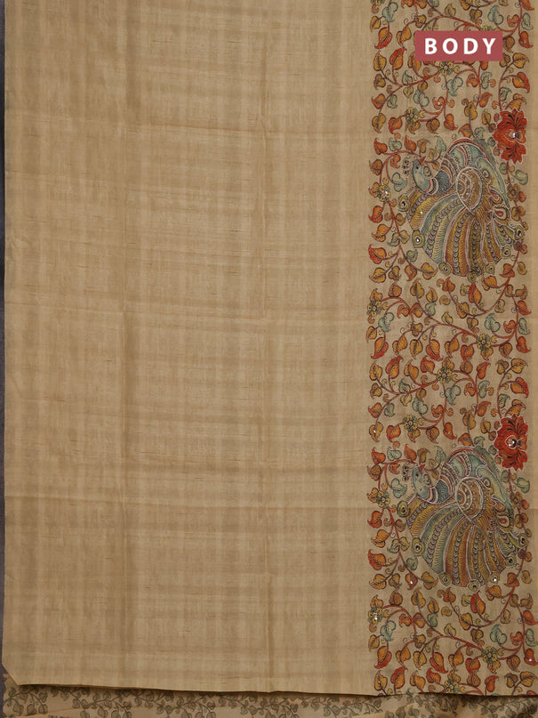 Semi raw silk saree sandal with plain body and long kalamkari printed embroidery border