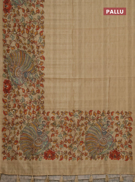 Semi raw silk saree sandal with plain body and long kalamkari printed embroidery border