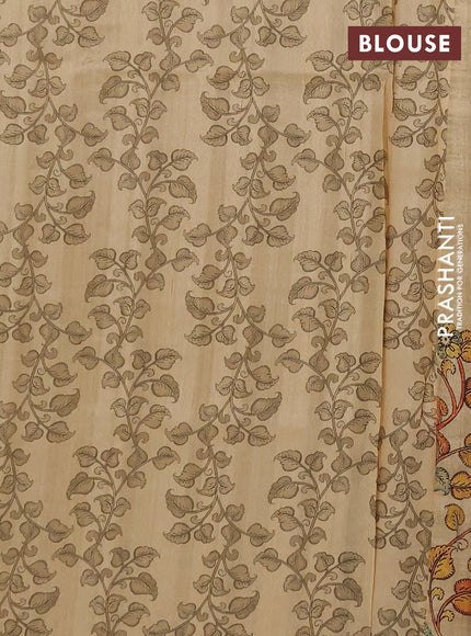 Semi raw silk saree sandal with plain body and long kalamkari printed embroidery border