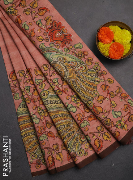 Semi raw silk saree peach pink and coffee brown with plain body and long kalamkari printed embroidery border