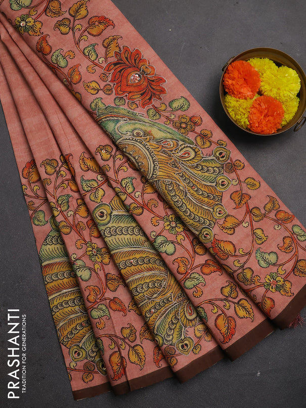 Semi raw silk saree peach pink and coffee brown with plain body and long kalamkari printed embroidery border