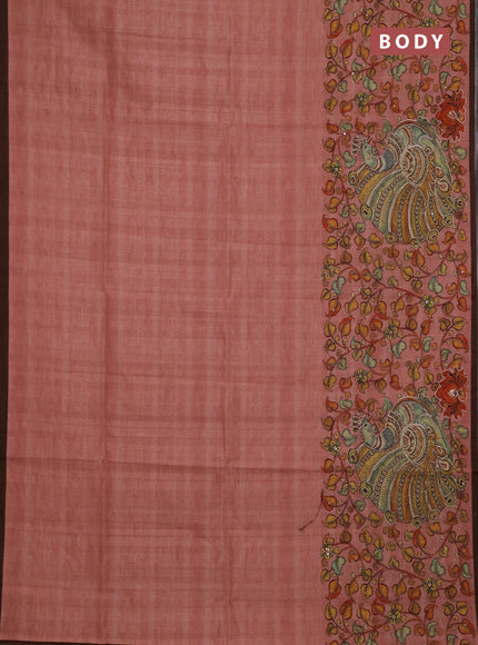 Semi raw silk saree peach pink and coffee brown with plain body and long kalamkari printed embroidery border