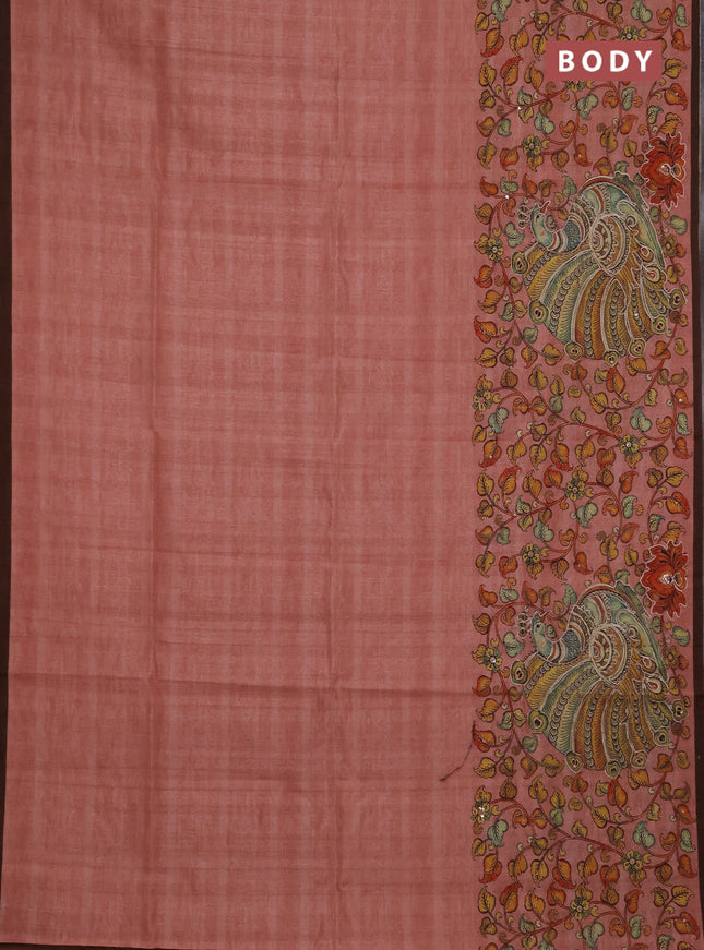 Semi raw silk saree peach pink and coffee brown with plain body and long kalamkari printed embroidery border
