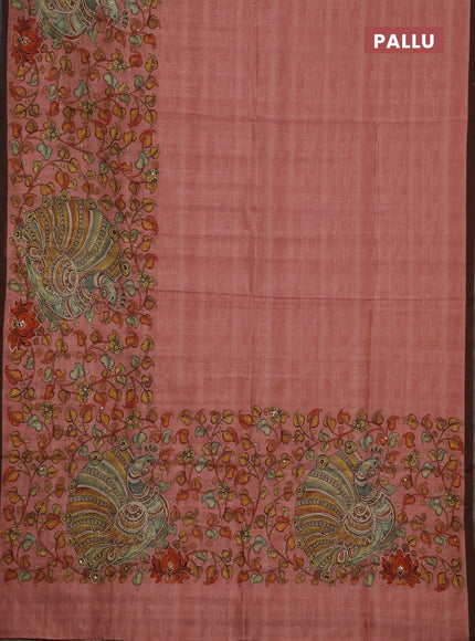 Semi raw silk saree peach pink and coffee brown with plain body and long kalamkari printed embroidery border
