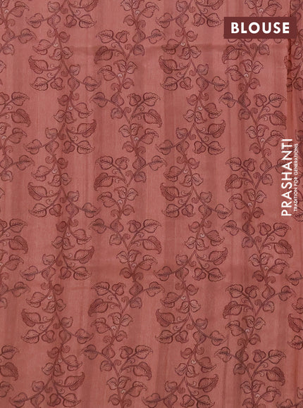 Semi raw silk saree peach pink and coffee brown with plain body and long kalamkari printed embroidery border