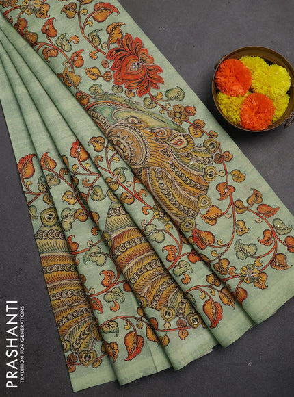Semi raw silk saree pista green with plain body and long kalamkari printed embroidery border