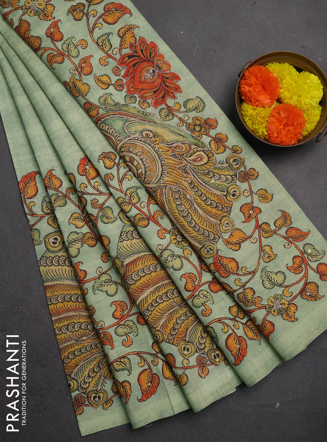 Semi raw silk saree pista green with plain body and long kalamkari printed embroidery border