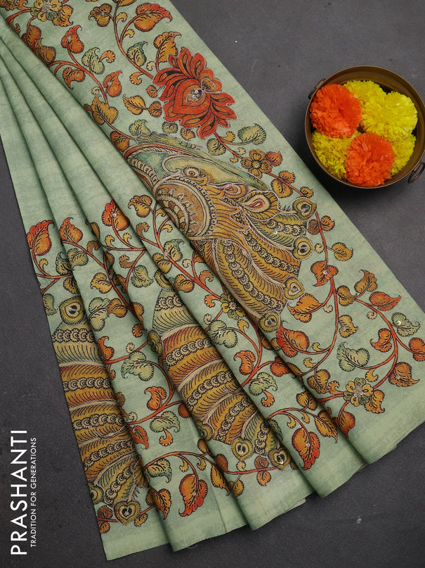 Semi raw silk saree pista green with plain body and long kalamkari printed embroidery border