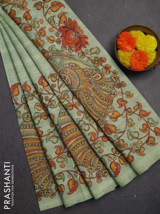 Semi raw silk saree pista green with plain body and long kalamkari printed embroidery border