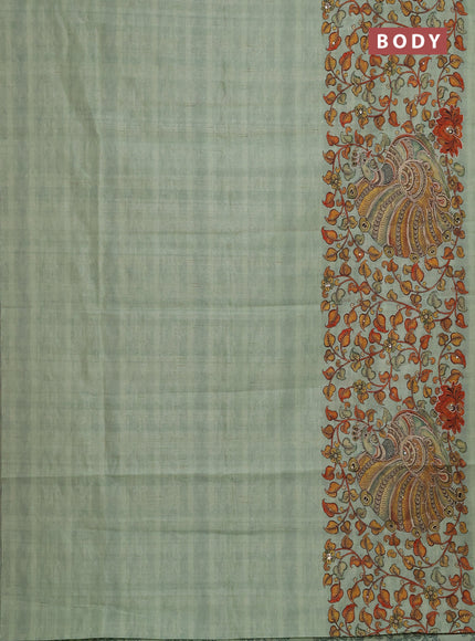 Semi raw silk saree pista green with plain body and long kalamkari printed embroidery border