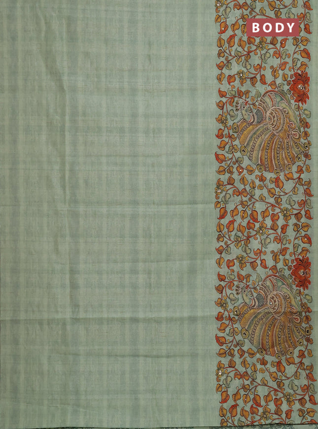 Semi raw silk saree pista green with plain body and long kalamkari printed embroidery border