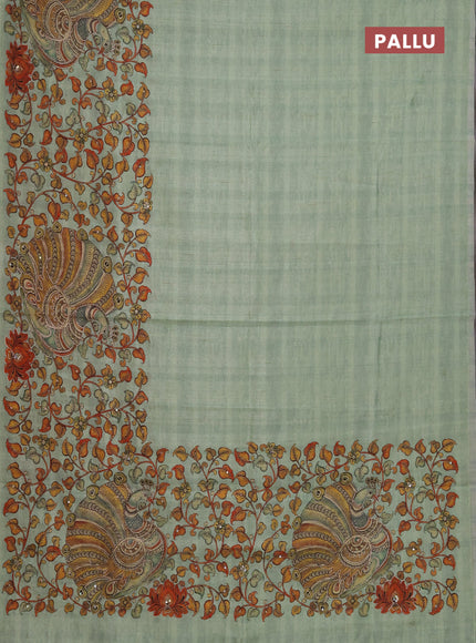 Semi raw silk saree pista green with plain body and long kalamkari printed embroidery border