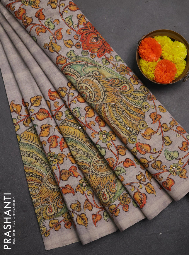 Semi raw silk saree grey with plain body and long kalamkari printed embroidery border