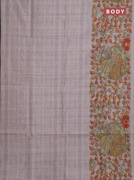Semi raw silk saree grey with plain body and long kalamkari printed embroidery border