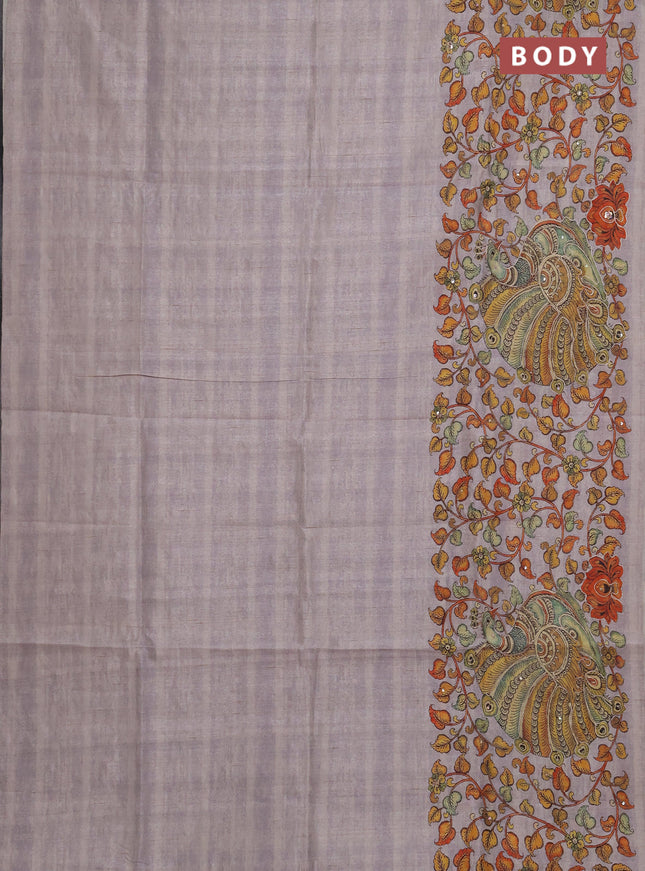 Semi raw silk saree grey with plain body and long kalamkari printed embroidery border