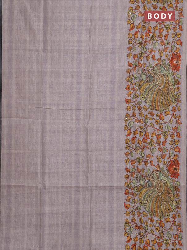 Semi raw silk saree grey with plain body and long kalamkari printed embroidery border