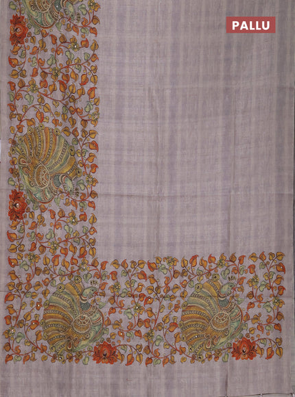 Semi raw silk saree grey with plain body and long kalamkari printed embroidery border