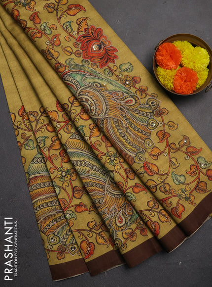 Semi raw silk saree mustard yellow and coffee brown with plain body and long kalamkari printed embroidery border