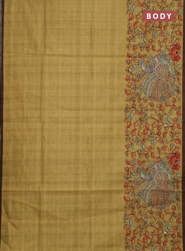 Semi raw silk saree mustard yellow and coffee brown with plain body and long kalamkari printed embroidery border