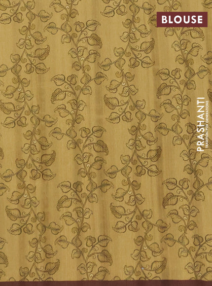 Semi raw silk saree mustard yellow and coffee brown with plain body and long kalamkari printed embroidery border