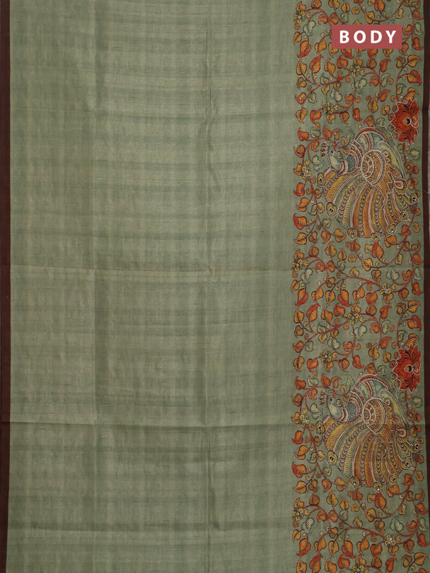 Semi raw silk saree pastel green and coffee brown with plain body and long kalamkari printed embroidery border