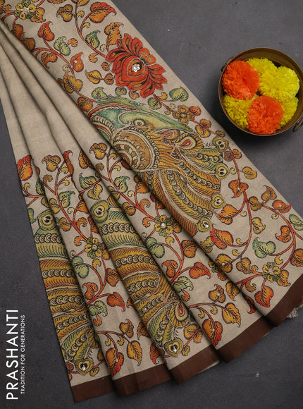 Semi raw silk saree beige and coffee brown with plain body and long kalamkari printed embroidery border