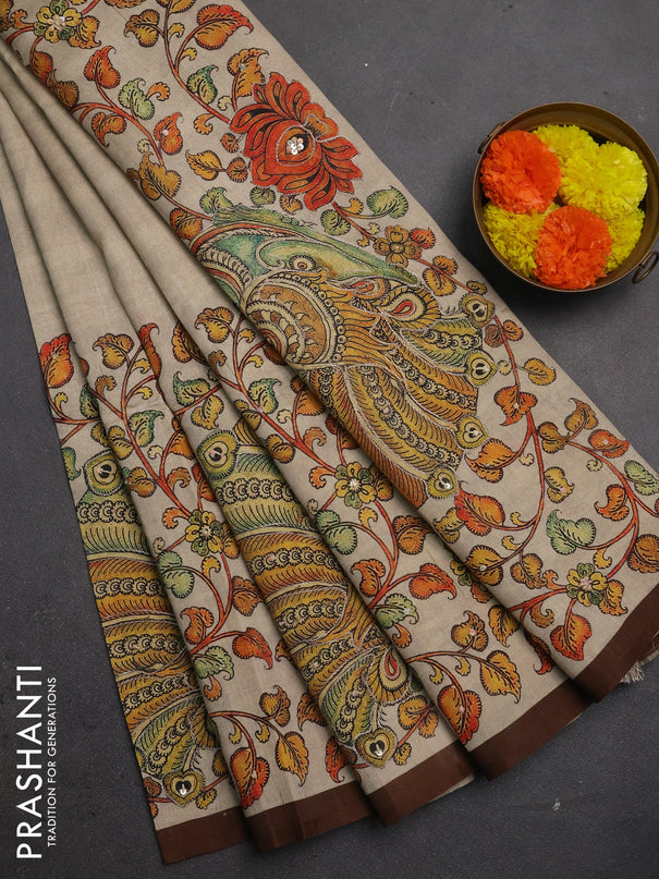 Semi raw silk saree beige and coffee brown with plain body and long kalamkari printed embroidery border