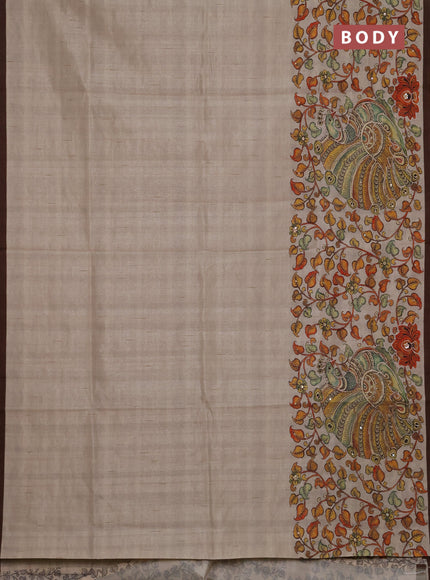 Semi raw silk saree beige and coffee brown with plain body and long kalamkari printed embroidery border