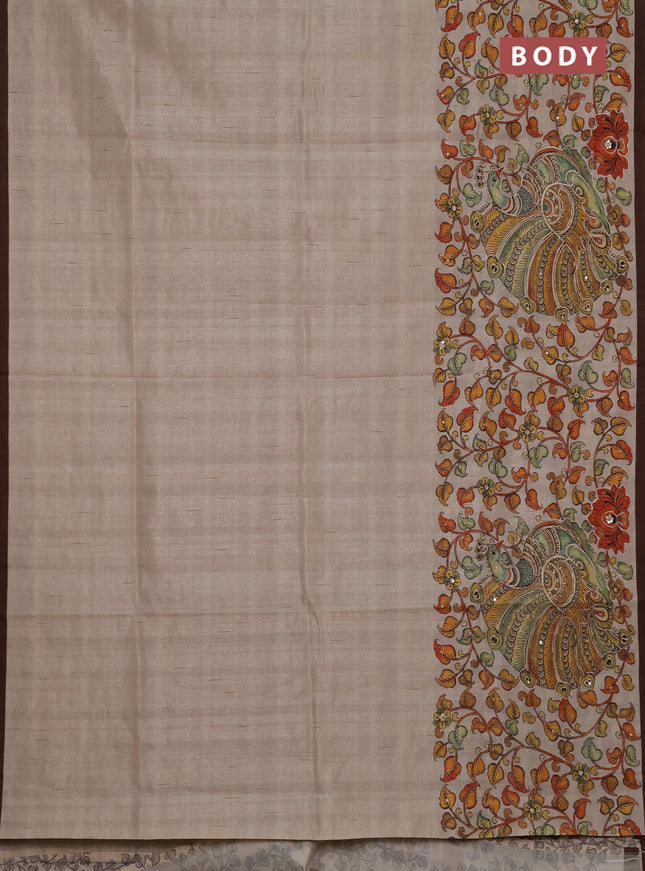 Semi raw silk saree beige and coffee brown with plain body and long kalamkari printed embroidery border