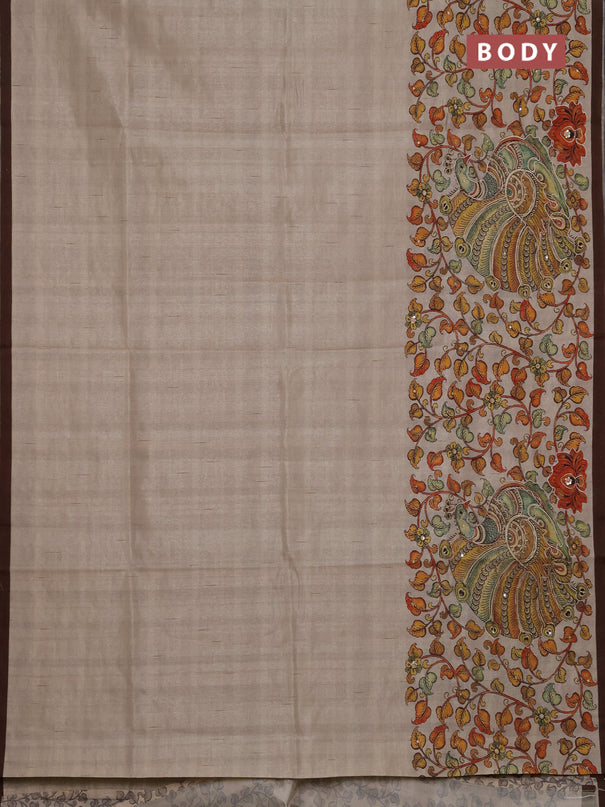 Semi raw silk saree beige and coffee brown with plain body and long kalamkari printed embroidery border