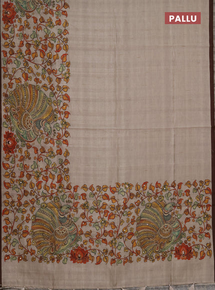 Semi raw silk saree beige and coffee brown with plain body and long kalamkari printed embroidery border