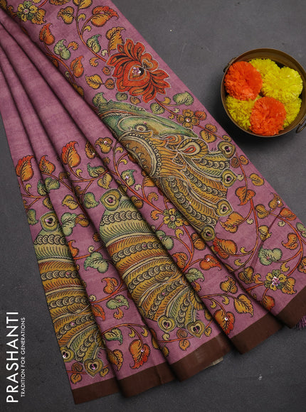 Semi raw silk saree onion pink and coffee brown with plain body and long kalamkari printed embroidery border