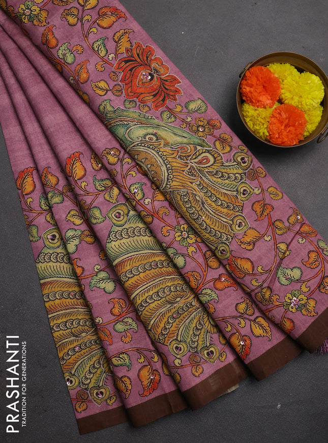 Semi raw silk saree onion pink and coffee brown with plain body and long kalamkari printed embroidery border