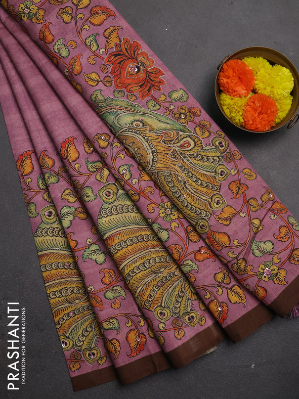 Semi raw silk saree onion pink and coffee brown with plain body and long kalamkari printed embroidery border