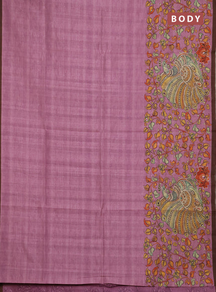 Semi raw silk saree onion pink and coffee brown with plain body and long kalamkari printed embroidery border