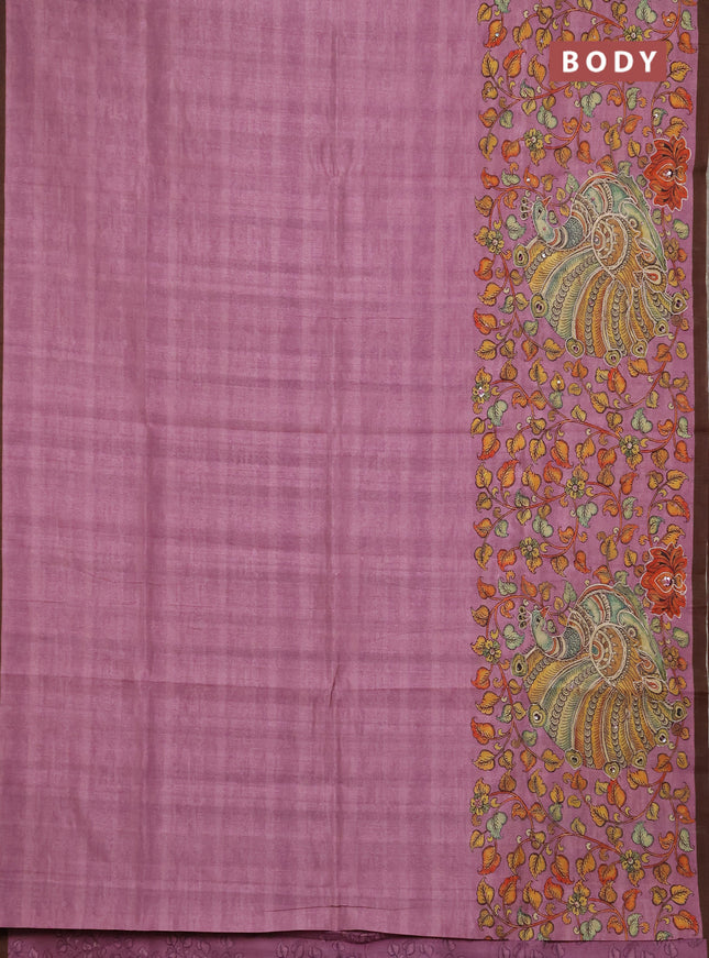 Semi raw silk saree onion pink and coffee brown with plain body and long kalamkari printed embroidery border