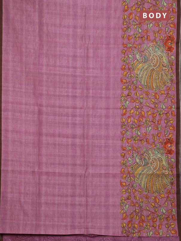 Semi raw silk saree onion pink and coffee brown with plain body and long kalamkari printed embroidery border