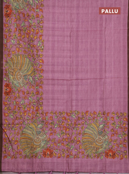 Semi raw silk saree onion pink and coffee brown with plain body and long kalamkari printed embroidery border