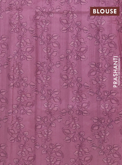 Semi raw silk saree onion pink and coffee brown with plain body and long kalamkari printed embroidery border
