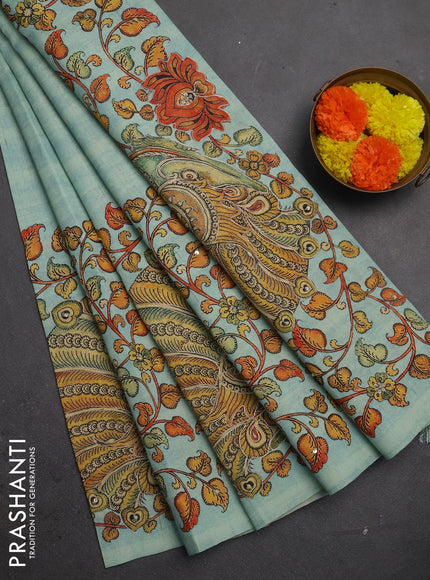 Semi raw silk saree pastel blue with plain body and long kalamkari printed embroidery border