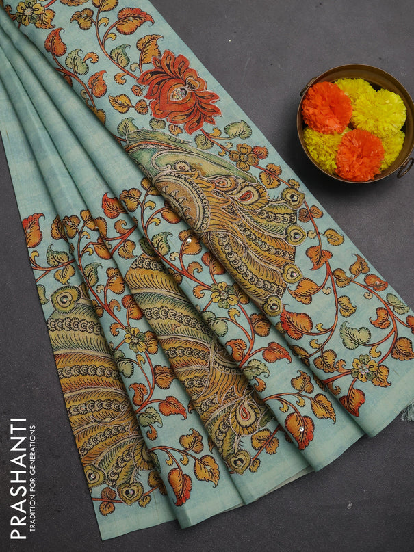 Semi raw silk saree pastel blue with plain body and long kalamkari printed embroidery border