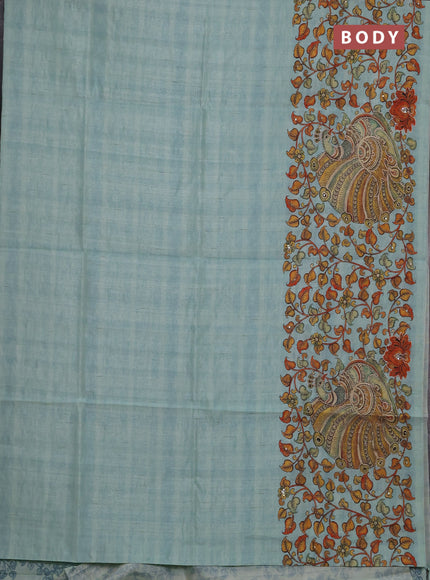 Semi raw silk saree pastel blue with plain body and long kalamkari printed embroidery border