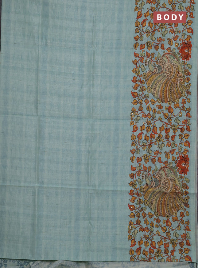 Semi raw silk saree pastel blue with plain body and long kalamkari printed embroidery border