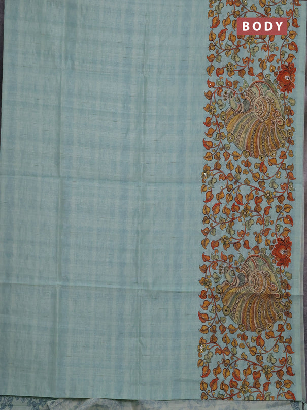 Semi raw silk saree pastel blue with plain body and long kalamkari printed embroidery border