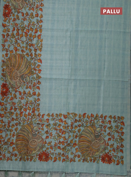 Semi raw silk saree pastel blue with plain body and long kalamkari printed embroidery border